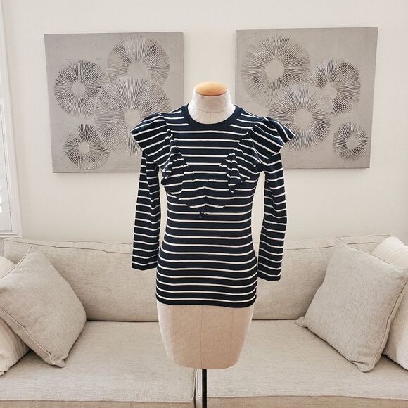 Lauren Ralph Lauren Striped Ruffle Trim Long Sleeve Top sz Sm - Picture 2 of 11